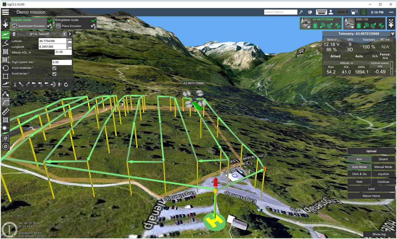 Pianificazione 3D di una missione LiDAR/fotogrammetrica su terreno montano nel software UgCS