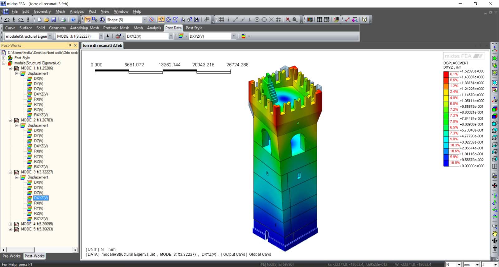 Analisi modale FEM con Midas: forme modali e frequenze proprie di torre storica