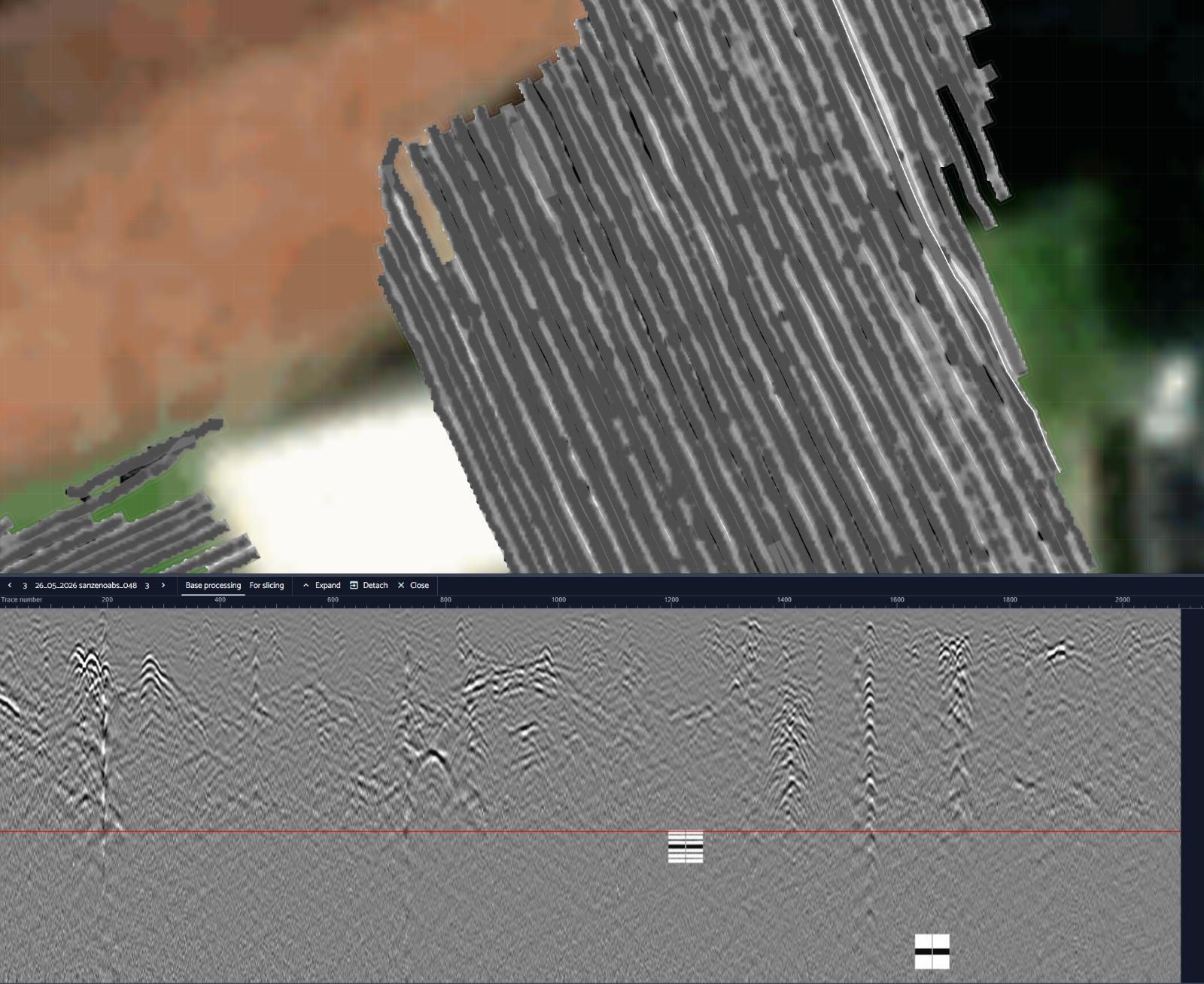 Time-slice GPR con sovrapposizione su ortofoto e radargramma di elaborazione